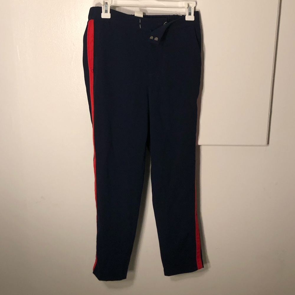 Casual navy blue pants with red stripes